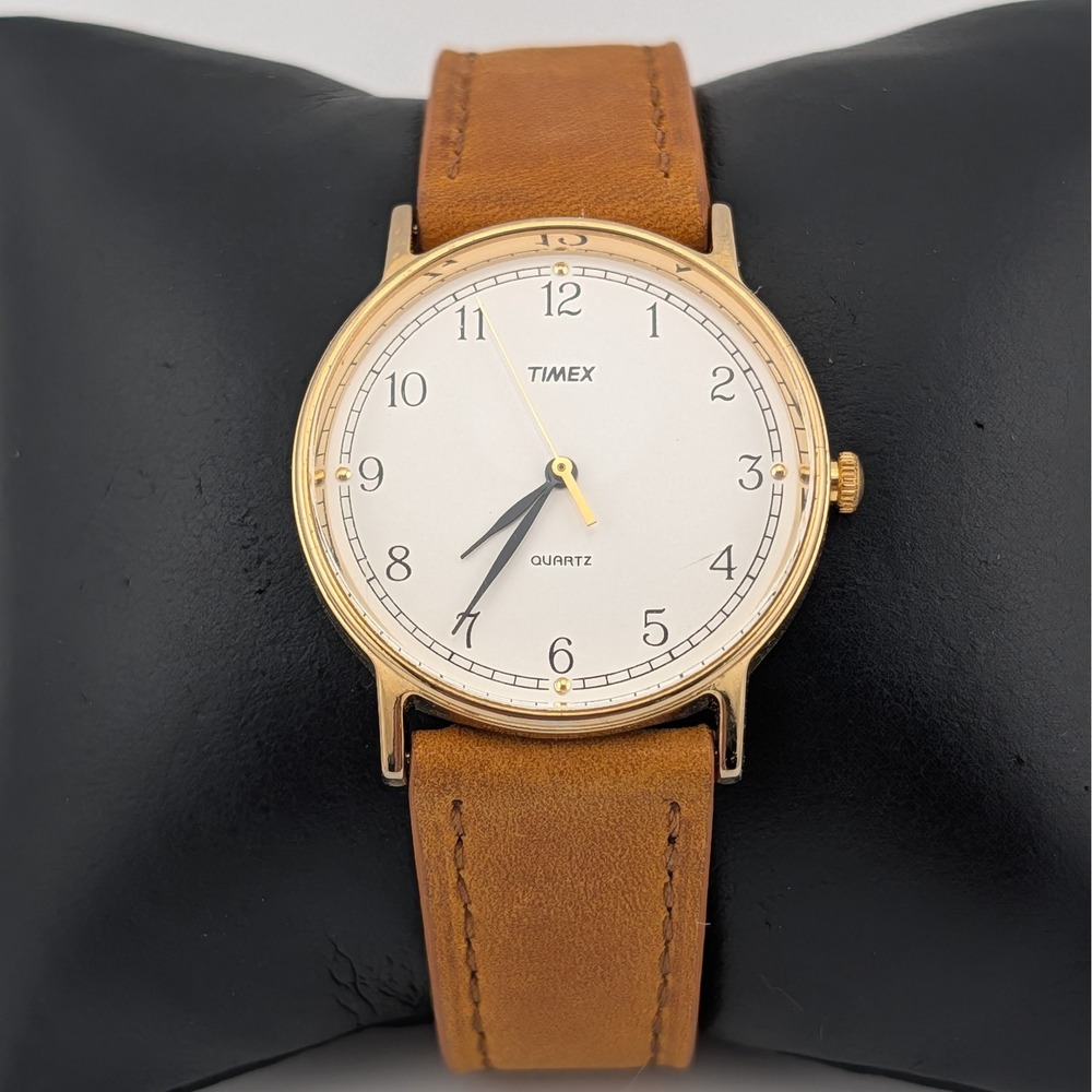 Timex Classic Minimalist White Dial Gold Tone Quartz Tan Leather Strap Watch